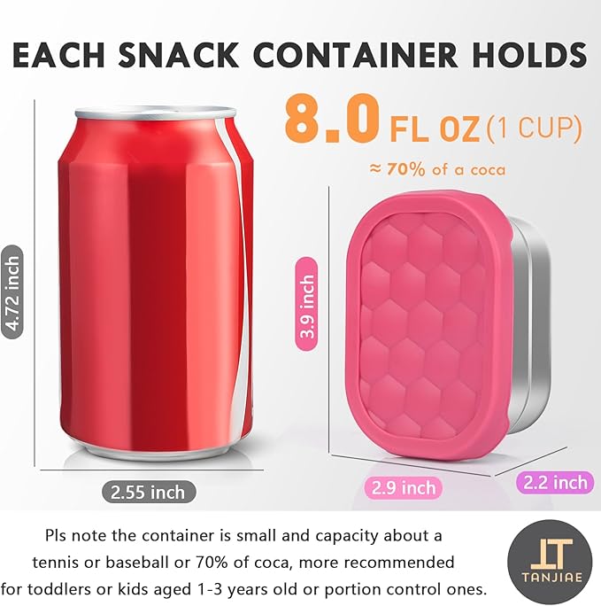 Tanjiae Small (1 CUP) Stainless Steel Snack Containers for Kids | Easy Open Leak Proof Food Containers with Silicone Lids - Perfect Metal Toddler Lunch Box for Daycare and School (8oz)