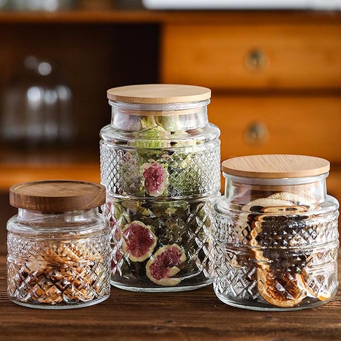 60 FL OZ Large Glass Storage Jar with Airtight Bamboo Wooden Lid - Food Storage Container for Candy, Snack, Coffee, Tea, Nuts, Cereal, Vintage Kitchen Containers