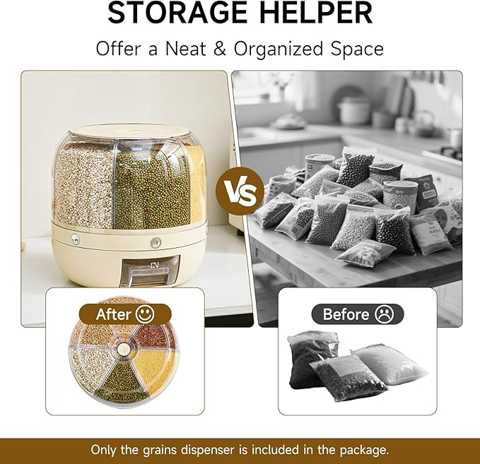 UFORU Rice Dispenser | 360° Rotating Grain Storage Bin - 6 Grids, 20LBS Large Capacity Food Container, Moisture-Proof, One-Click Output for Rice, Beans & Pet Food - Kitchen Pantry Organizer