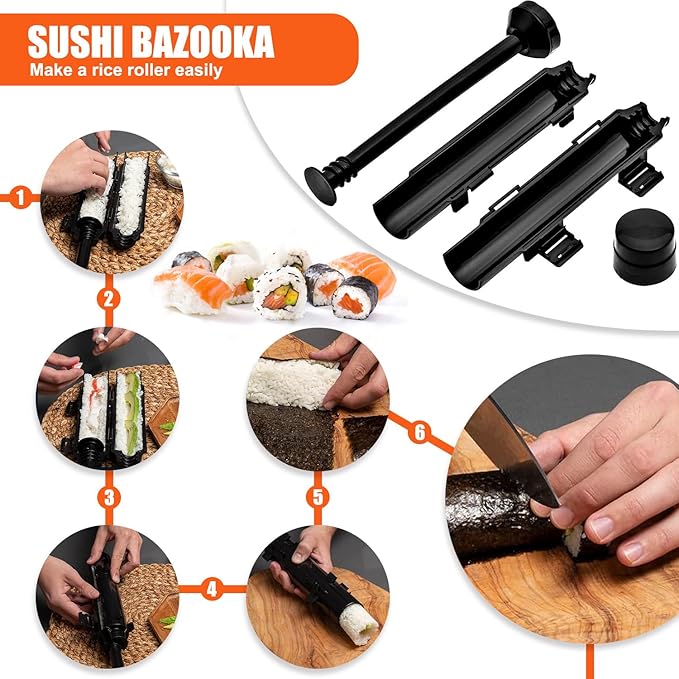 SmileTools Sushi Making Kit, Sushi Roller, Sushi Bazooka, Sushi Maker, Bamboo Sushi Rolling Mat for Beginners (Black)