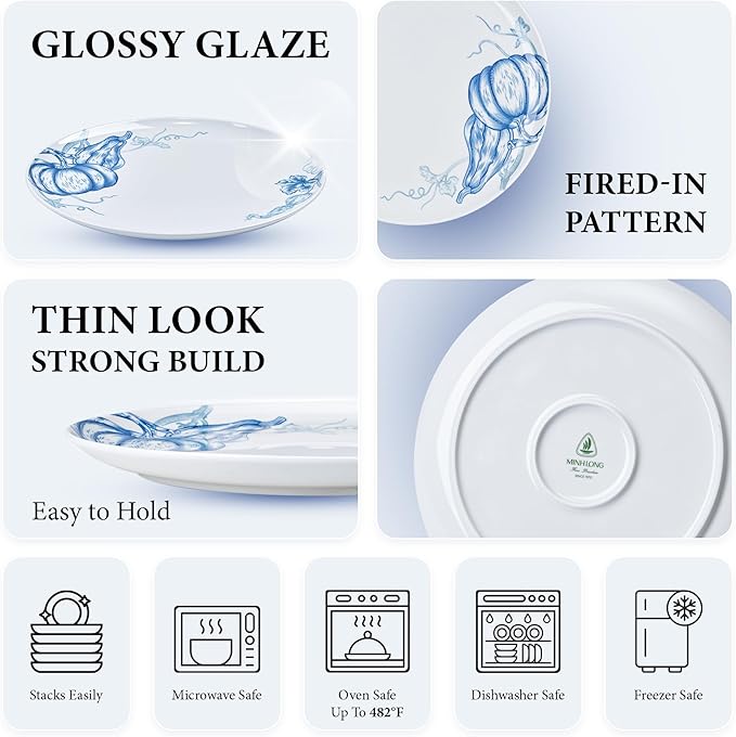 Minh Long 10.7 IN Porcelain Dinner Plates, Set of 6, Chip & Scratch Resistant, Oven Safe up to 482°F, Microwave & Dishwasher Safe, Ceramic Dinner Plates, Ideal size for Serving Steak or Main Course