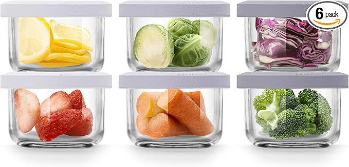 Comotomo Glass Baby Food Storage Containers, 4 oz Jars with Silicone Lids, Airtight Baby Food Prep Cups for Purees, Snacks, Daycare and Small Leftovers, Microwave and Dishwasher Safe, Set of 6