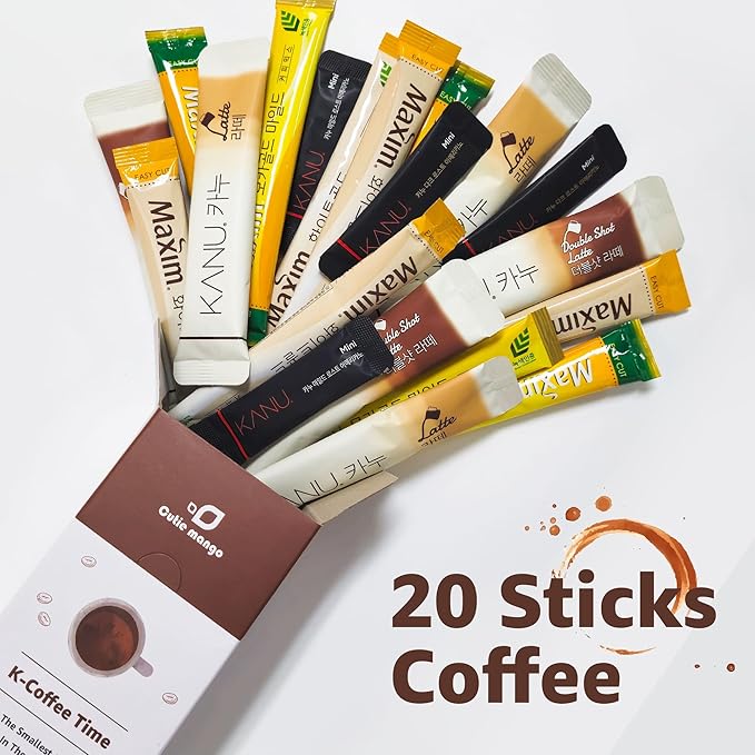 CUTIE MANGO Maxim & KANU Premium Korean Instant Coffee Sampler White, Mocha Gold, Americano, Latte Café-Style Camping Party Easy-to-Mix Single Serve Packets Variety Pack 20 Sticks (6 Flavors)