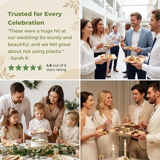 Koala love Palm Leaf Plates Bamboo Disposable Square 10 inch 200 Bulk Party Pack Elegant Sturdy Design Better Than Paper and Plastic Plate (KoalaLove -PLP-10IN-200-Plates)