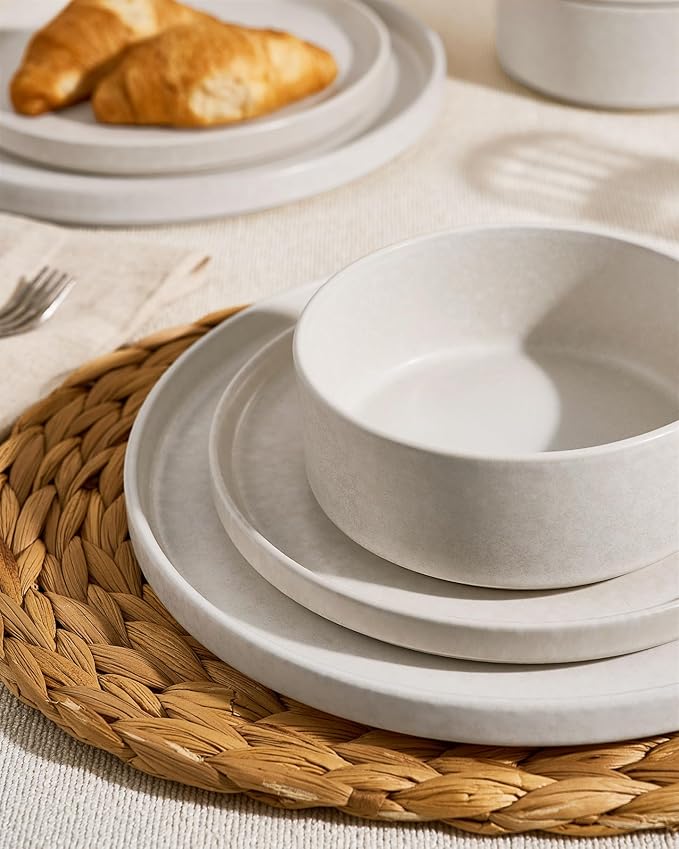 Famiware Nebula Plates and Bowls Sets, 24 Pieces Stoneware Dinnerware Sets, Reactive Glaze Dish Set, Dishes Set for 8, Matte Beige White