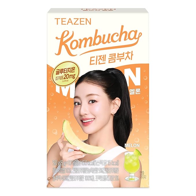 TEAZEN Melon Flavored Kombucha Tea, Hydration Drink Mix, Sugar Free, Live Probiotics & Prebiotics, 10 Sticks, 1.76oz