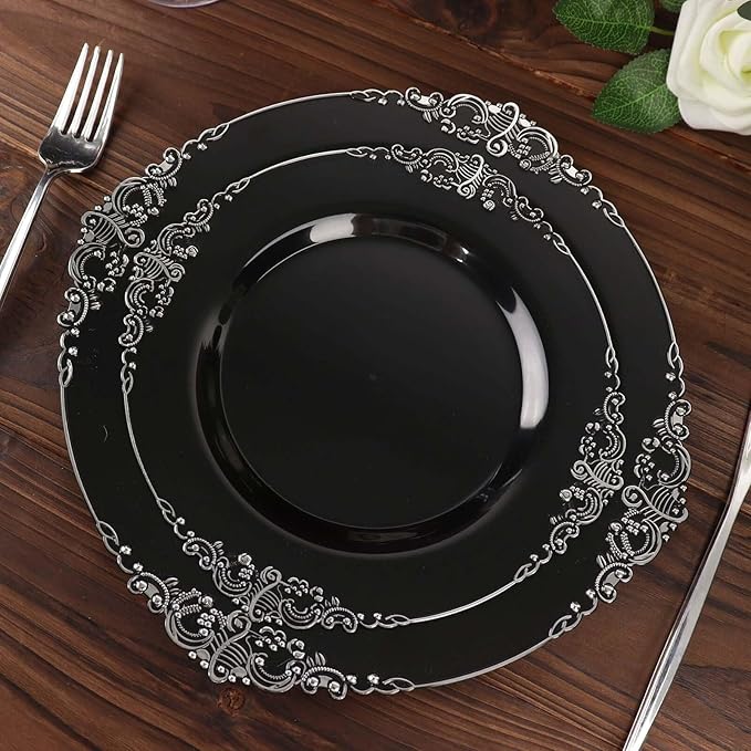 Efavormart 10 Pack | 8" Black and Silver Baroque Dessert Plates, Leaf Embossed Metallic Rim Heavy Duty Appetizer Plates for Industrial Chic Events