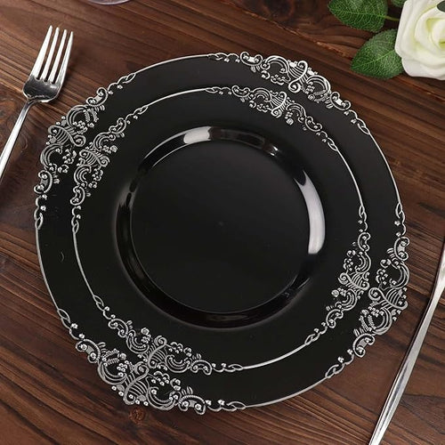 Efavormart 10 Pack | 8" Black and Silver Baroque Dessert Plates, Leaf Embossed Metallic Rim Heavy Duty Appetizer Plates for Industrial Chic Events