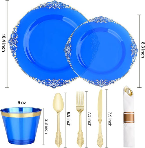 Bestluck 350 PCS Blue and Gold Plastic Plates, Disposable Dinnerware Set for 50 Guests, 100 Disposable Plates, 150 Silverwares, 50 Cups, 50 Napkins for Wedding, Party, Graduation