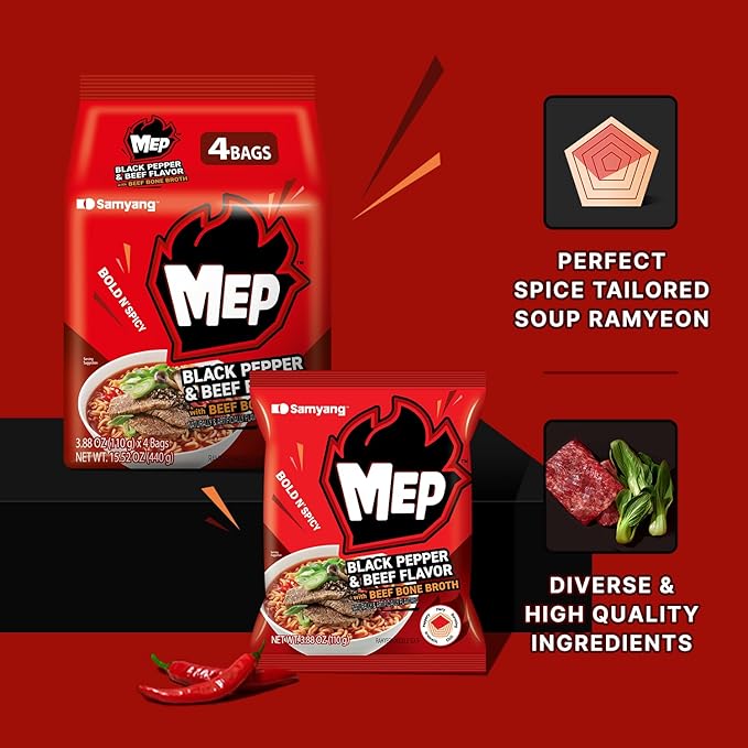 Samyang MEP Black Pepper Beef Ramen, Spicy Korean Instant Bag Noodle Soup, Authentic Bone Broth Ramyeon, Easy Cook Noodles, 3.88 oz (Pack of 4 Bags)