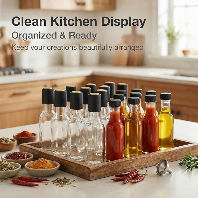 WERTIOO Hot Sauce Bottles, 12-Pack 5oz Glass Hot Sauce Containers with Caps & Funnel - Small Refillable Bottles for Homemade Oil, Vinegar - Great for Kitchen Use, Gifting, Sample Packaging