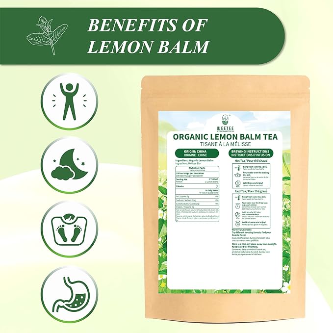 WT WEETEE Organic Lemon Balm Tea Bags 100 Counts, Pure Herbal Tea for Daily Reset, Caffeine-Free & Clean Taste