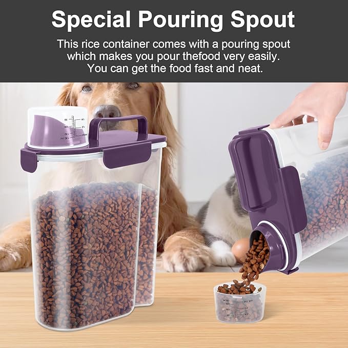 LEAWALK 5Lbs/6Qt Airtight Pet Storage Container Translucent Body, Upgraded Large Nozzle With Handle Design For Cat Dog Bird Food and for Small Animal Kibble, Oatmeal, Rice, Flour, Brown Sugart-Purple