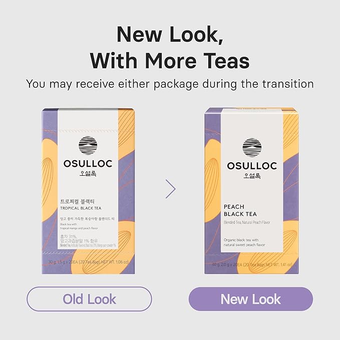 OSULLOC Peach Black Tea (Tropical Mango & Peach Flavor), Iced tea bags, Fruit tea Blend, Premium Teabags from Jeju Island, 20 count