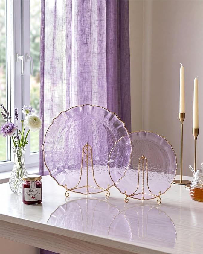 bUCLA 40PCS Clear Purple and Gold Plastic Plates - Fancy Lace-Edge Purple with Gold Trim Hammered Disposable - Include 20 Each (10inch Dinner & 7inch Dessert) Plates for Party & Wedding