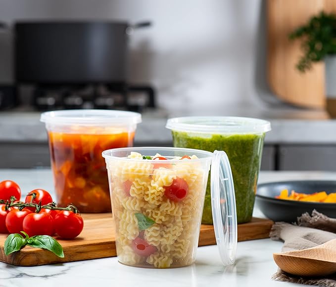 ELEGANT DISPOSABLES 24 OZ - 24 Sets Plastic Deli Food Storage Containers with Airtight Flexible Lids Microwavable, Leak Free, Washable, Freezer Safe.