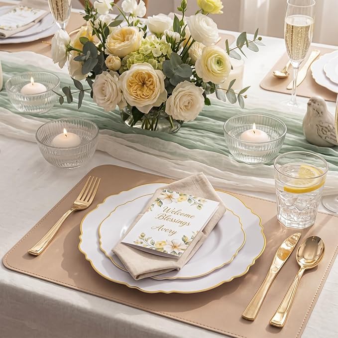 WDF 100pcs Gold Plastic Plates - High-end Baroque Design - Heavy Duty White &Gold Wedding Plates Set Ideal for Party/Wedding/Birthday/Mother's Day