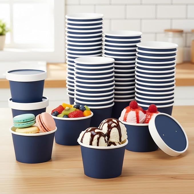 Fulmoon 100 Pack Paper Soup Containers with Lids Disposable Paper Food Containers with Vented Lid Kraft Ice Cream Cake Dessert Cups Soup Bowl for Party Hot Food Fruit Microwave(8 oz,Navy Blue)