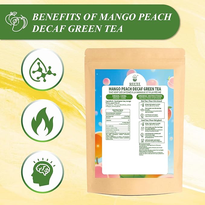 WT WEETEE Mango Peach Decaf Green Tea Bags  50 Count, Flavored CO₂  Decaffeinated Green Tea, Natural Mango & Peach Flavoring, No Add Sweeter