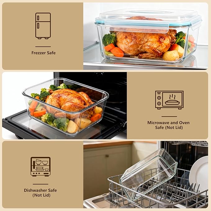 5.4L/ 180oz/ 22cup Extra Large Glass Food Storage Container with Airtight Lid for Roasting Chicken, Brine,Lasagna - BPA-Free, Oven, Freezer & Dishwasher Safe Big Marinade Container