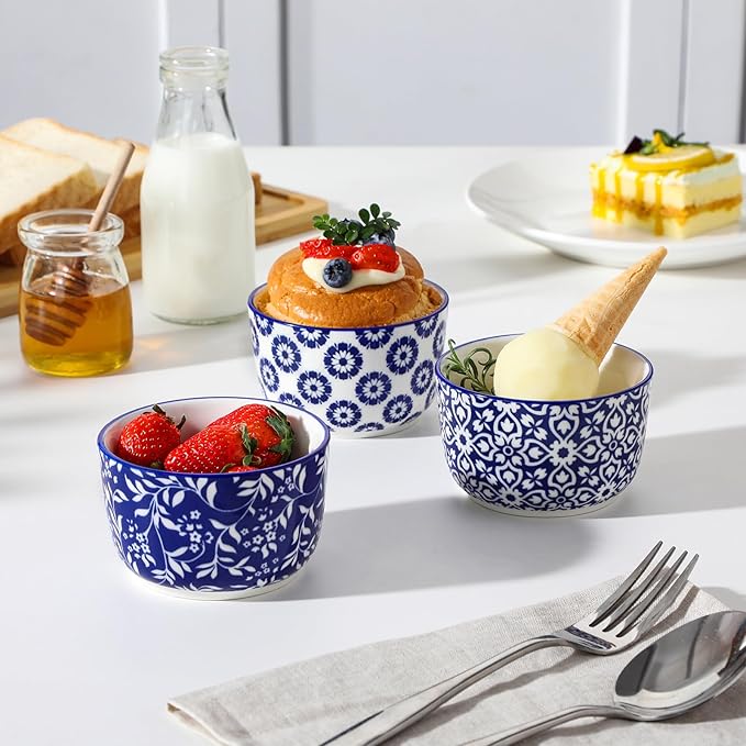 vancasso Selene 8 oz Ceramic Ramekins Set of 6, Large Capacity Oven-Safe Baking Cups for Soufflés, Snack Serving, Desserts, Blue and White Serving Bowls