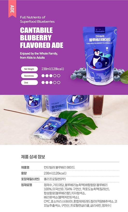 Cantabile Korean Pouch Drink Convenience Store Beverage Imported from Korea (Box of 10, Blueberry Ade)
