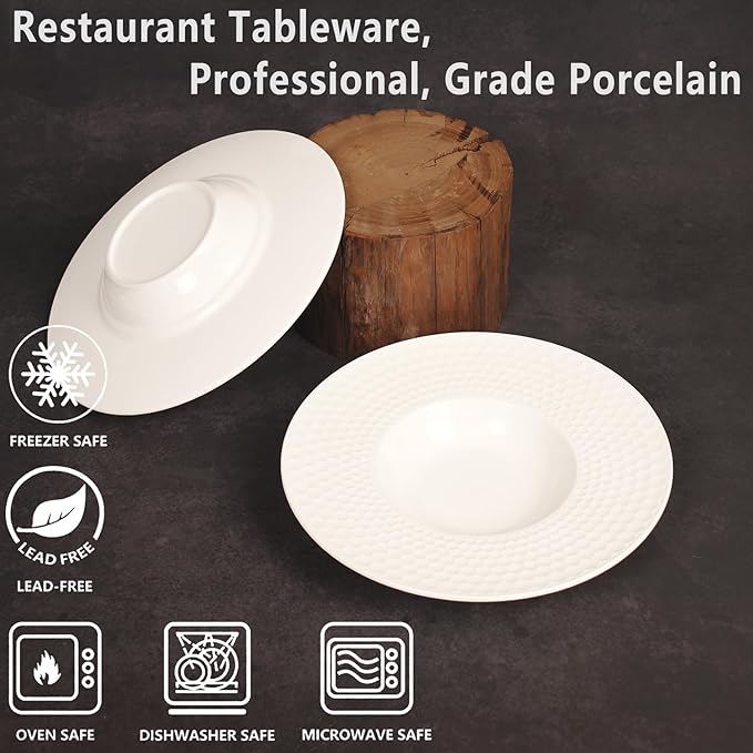 Creative home decor ceramic wide-rimmed soup bowls/plates, 10.5 oz pasta bowl four-piece set, white embossed bowls and plates with rims, ideal for upscale restaurants, hotels and gourmets, 11 inches.