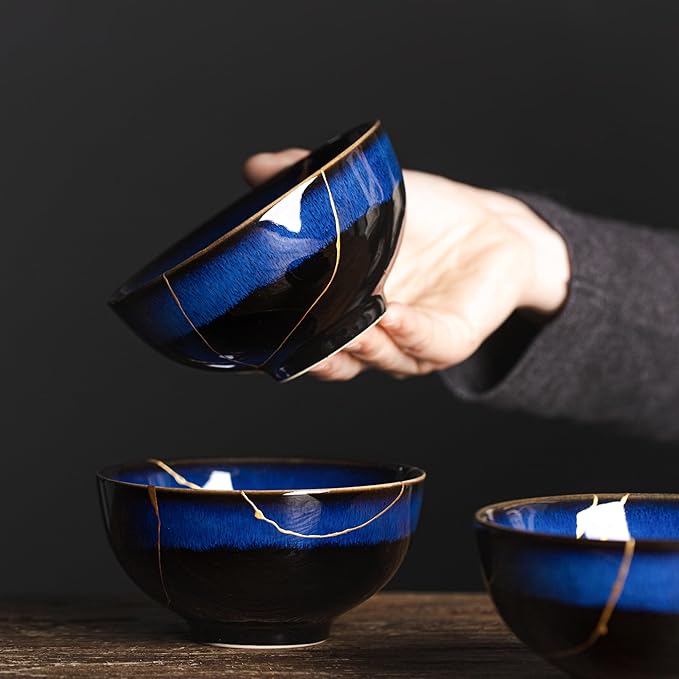 Authentic Kintsugi Bowl with Genuine 24K Gold, Handcrafted Japanese Wabi Sabi Zen Decor, Deep Blue Ceramic, Healing and Resilience Gift