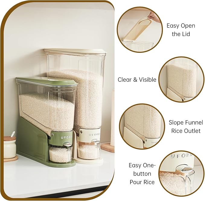UFORU Rice Dispenser 11Lbs, Slim Rice Storage Container for Small Space, BPA-Free Clear Dry Food Dispenser Sealed Moisture Proof, Grain&Cereal Storage Bucket for Kitchen Pantry Household, Cream White