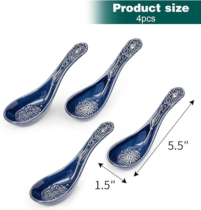 Sungmor Embossed Stoneware Fine Dining Dinnerware, Antique Baroque Style Porcelain 5.5 Inch Soup Spoons, Set of 4 Blue Ceramic Chinese Spoons, Asian Style Spoon for Miso Soup, Ramen, Dumpling