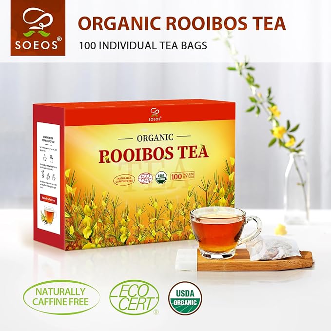 Soeos Organic Rooibos Tea, 100 Count (Pack of 1), Naturally Sweet Herbal Tea, Caffeine Free, USDA Organic, Red Rooibos Tea Bags, Farmed in South Africa 9oz (250g)