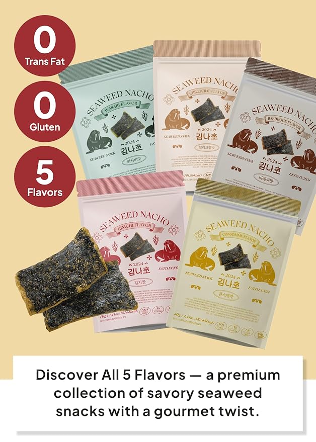 Korean Food Seaweed Nachos Variety Pack (5-Flavor Bundle) - Kimchi, Sweet Corn, BBQ, Wasabi, Chili Crab, 1.41oz x 5 Packs | Crispy Kim-Bugak Chips, Non-GMO & Gluten-Free Healthy Asian Snacks