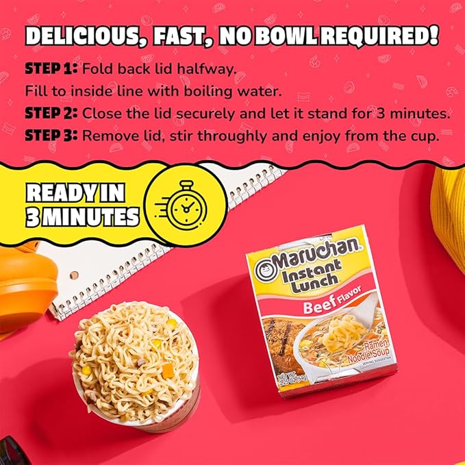 Maruchan Instant Lunch Ramen Noodles, Beef Flavor – Japanese-Style Instant Noodle Soup, Easy Meal Ready in 3 Minutes – 2.25 Oz. (12 Pack)