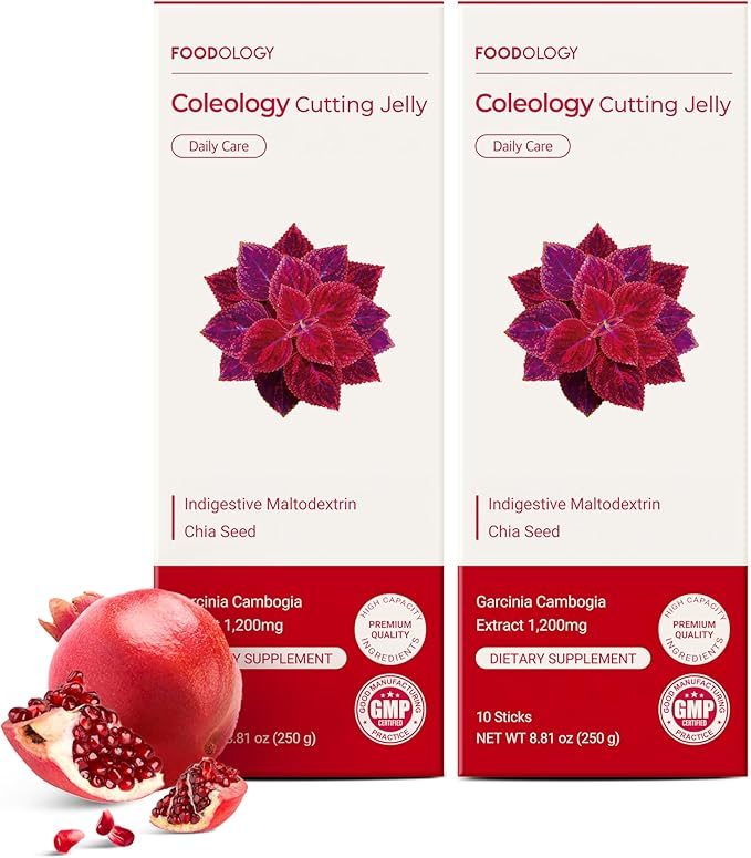 FOODOLOGY Coleology Cutting Stick Jelly (Pomegranate) – Dietary Fiber Supplement for Healthy Weight Management, Chia Seeds & Garcinia Cambogia, Korean Beauty with Collagen – 20 Sticks