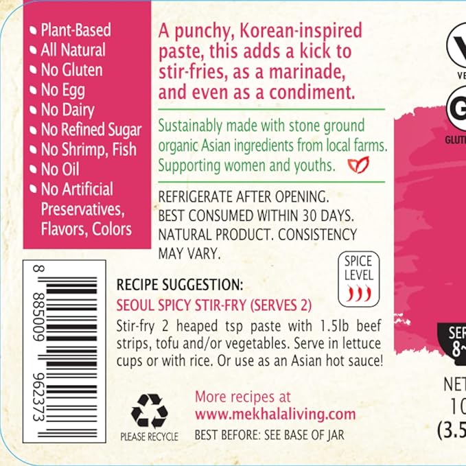Mekhala Organic Korean Chili Cooking Paste, Condiment, Stir Fry. VEGAN. GLUTEN-FREE. Versatile. HOT (3.53oz)