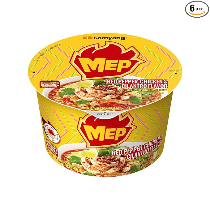 Samyang MEP Chicken Cilantro Ramen, Spicy Korean Instant Bowl Noodle Soup, Savory Bone Broth Ramyeon, Lime Freshness, 3.88 oz (Pack of 6 Bowls)