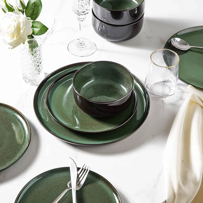 LERATIO Ceramic Plates Set of 6, 8.5 Inch Reactive Glaze Light Weight Porcelain Salad Plates,Modern Shape Dinnerware Dishes Set for Kitchen,Microwave&Dishwasher&Oven Safe,Resistant-Green