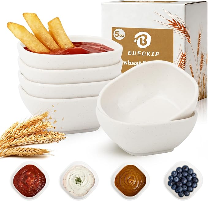 5 OZ Sauce Bowls, Unbreakable Plastic Ramekins, Dishwasher Safe Wheat Straw Bowls Set of 6, Dipping Sauce Cups for Side Dishes, Sushi, Nut, Soy Sauce Dish for Kitchen, Party, Camping- White