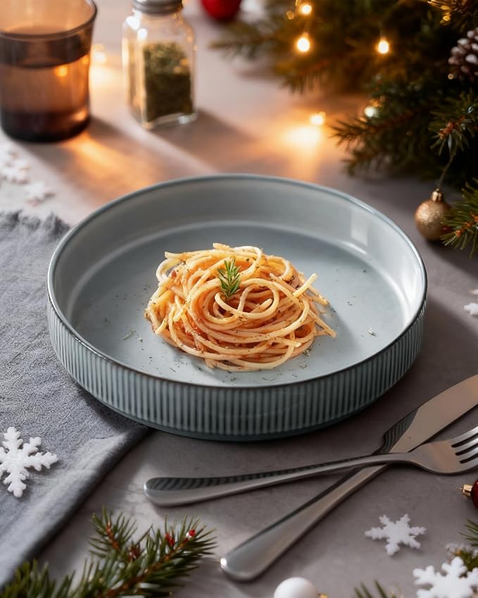 famiware Star 7.5" Pasta Bowls Set, Salad Bowl Set of 6, Double Reactive Glaze, Stackable, Perfect for Your Friend for Housewarming, Thanksgiving, Christmas, Smoky Blue