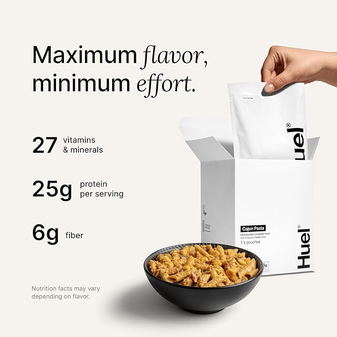 Huel Hot and Savory Meal Packs | Cajun Pasta | Up to 25g Protein Plant Based Instant Meal | 27 Vitamins and Minerals | 100% Nutritionally Complete | 7 Pack