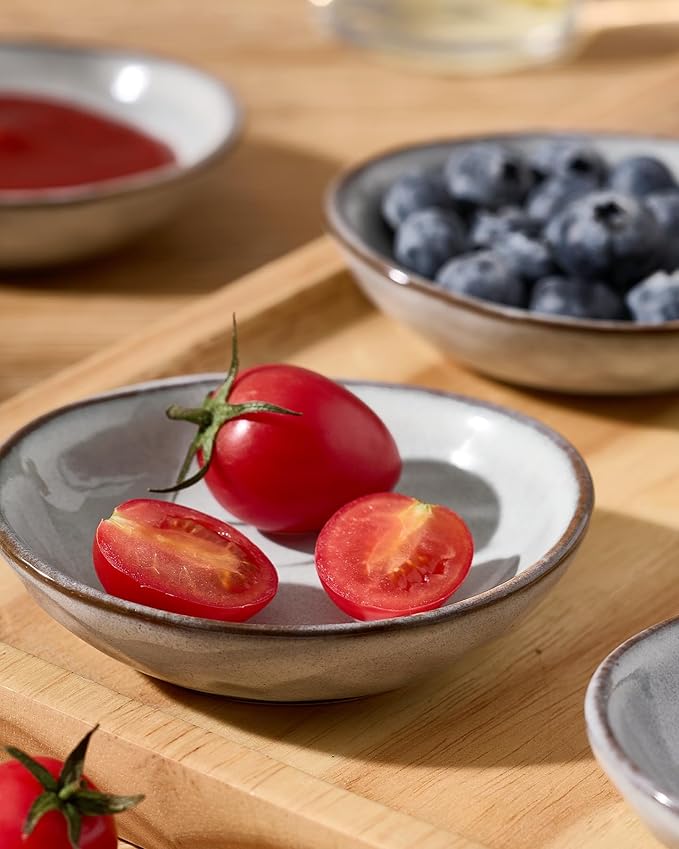 famiware Ocean Soy Sauce Dishes of 6, Oval Dipping Sauce Cups/Bowls/Dishes for Kitchen, 2.1oz Ceramic Small Bowls for Side Dish, Appetizers, Snacks, and Sushi, Reactive Glaze, Dishwasher Safe, Grey