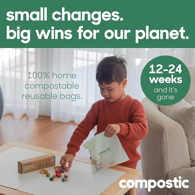 Compostic Compostable Sandwich Bags (60 Count) Starter Pack — Resealable Zip-Seal, Plant-Based, Home Compostable, Freezer & Microwave Safe, BPA-Free, Non-Toxic, GMO-Free Food Storage Bags