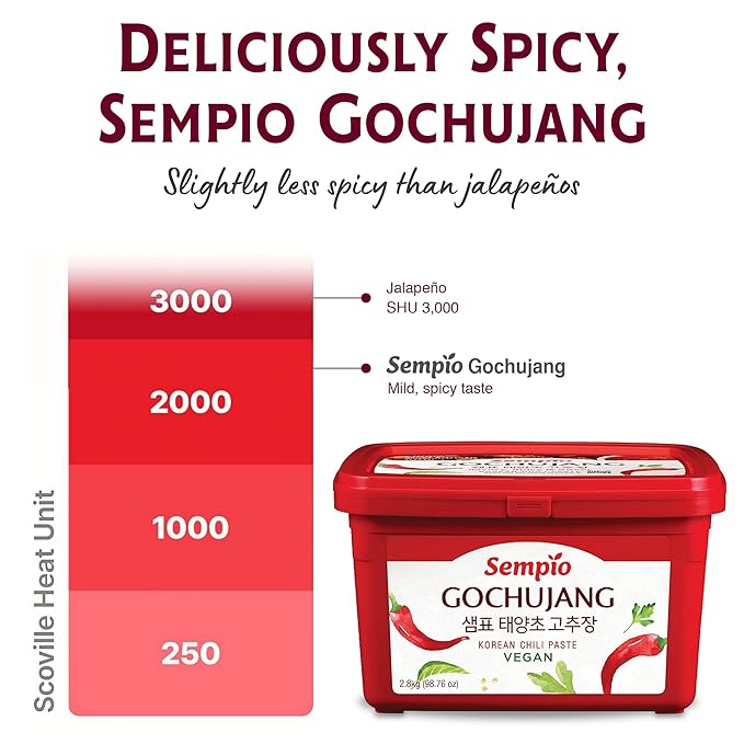 Sempio Gochujang Vegan Korean Red Chili Pepper Paste - Mild Heat: Sweet Spicy Savory Paste, Traditional Fermented Condiment for Cooking, Marinades, Dips, Halal Certified (6.2lbs/2.8kg)