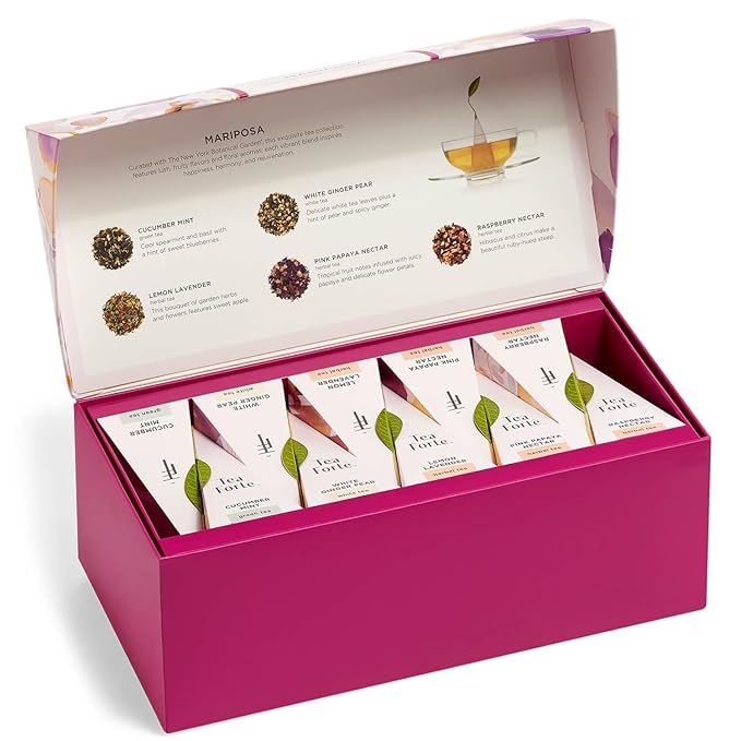 Tea Forte Premium Presentation Box Gift Set Sampler, 20 Count, Assorted Blends Individually Wrapped Handcrafted Pyramid Infuser Bags, Gifts for Mom, Mariposa Tea