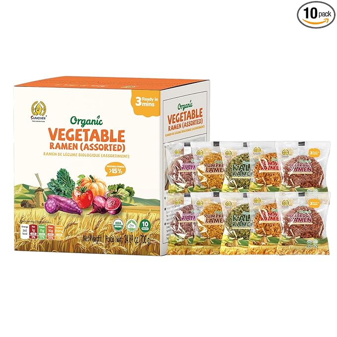SUNGIVEN Organic Ramen Noodles Mixed Vegetable Healthy Low Sodium Ready in 3 Minutes Non-Fried Instant No Additives or Preservatives 2.47 OZ (Pack of 10)