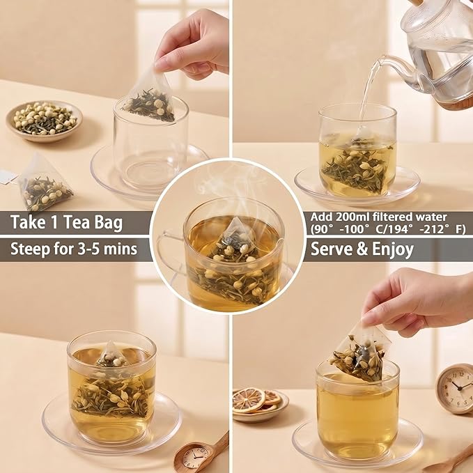 Jasmine White Tea Bags, 20 Pyramid Tea Sachets, Floral White Tea with Jasmine, Individually Wrapped, Light Caffeine, Hot or Iced