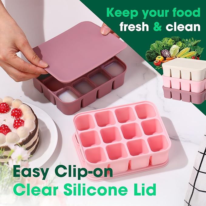 Mimorou 3 Pack Baby Food Freezer Tray with Lids 2.8 oz x 12 Cups Silicone Baby Food Storage Container Ice Cube Freezer Molds for Homemade Vegetable Fruit Purees Snack(12 Cups,Purple, Pink, White)