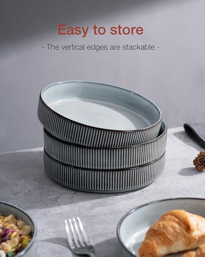 famiware Star 7.5" Pasta Bowls Set, Salad Bowl Set of 8, Double Reactive Glaze, Stackable, Ideal for Your Friend for Housewarming, Festivals, Smoky Blue