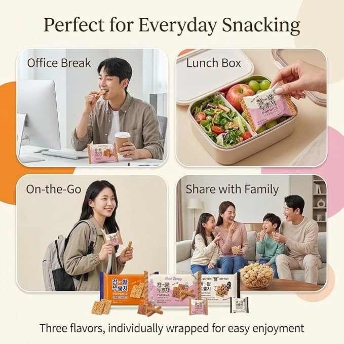 Korean Pop Rice Crackers Variety Pack (찹쌀누룽지 Mix Set) – 3 Flavor Sampler: Black Bean Unsweetened, Sweet Churro, & Original Sweet – Crispy Glutinous Rice Snack, ASMR Texture, Individually Packed (3-Flavor Variety Mix Nurungji Pop - 10.4oz (296g))