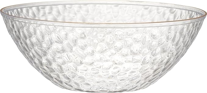 PLASTICPRO 30 Pack 12 Ounce Hammered Plastic Bowls, Heavyweight Disposable Bowl Set, Elegant Clear with Gold Rim, BPA Free, for Parties, Dinners, Events